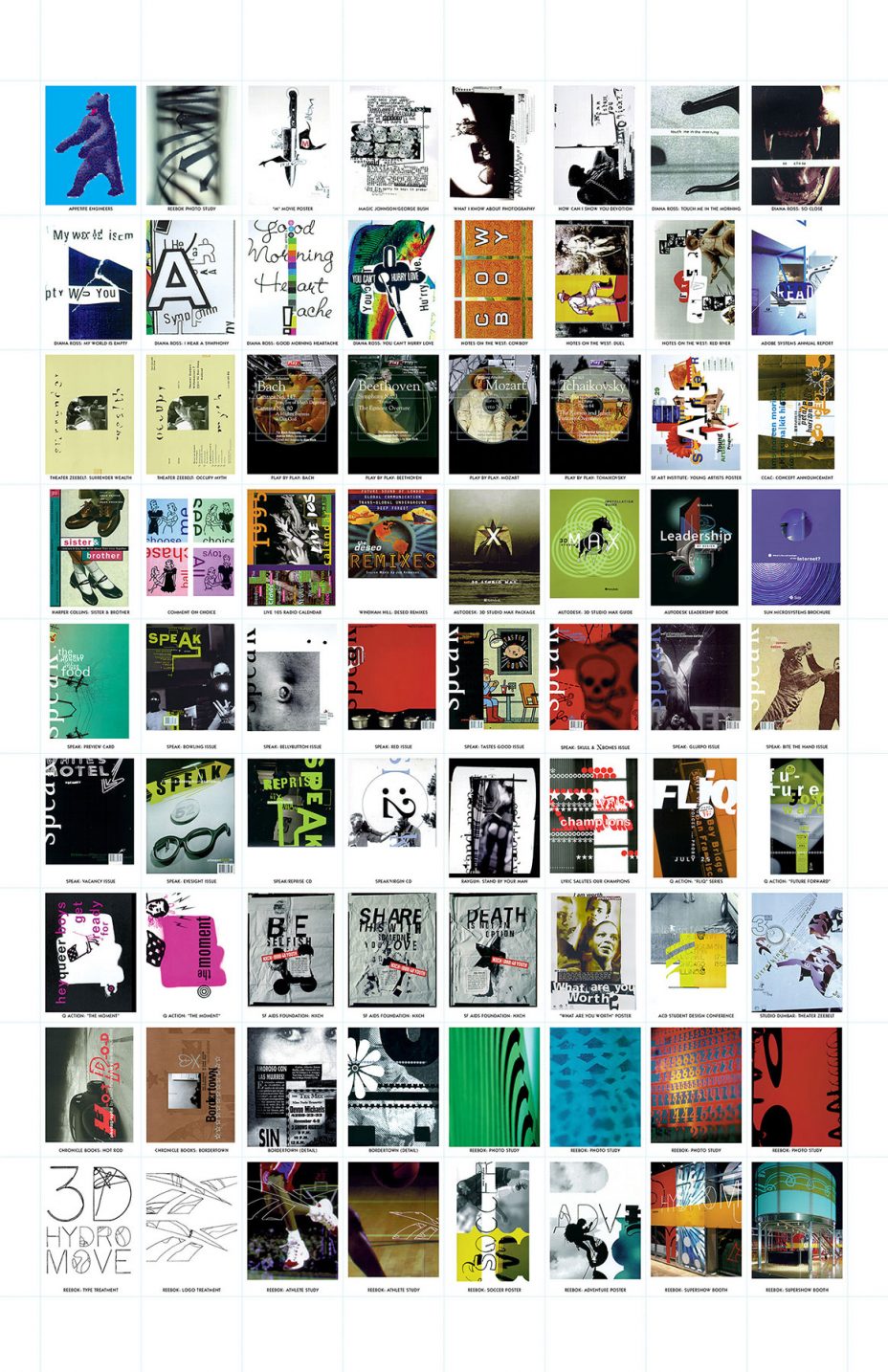 For his own Appetite Engineer promotion in 1998, Martin Venezky created a stamp sheet of portfolio highlights together with a hand-bound hardcover album.