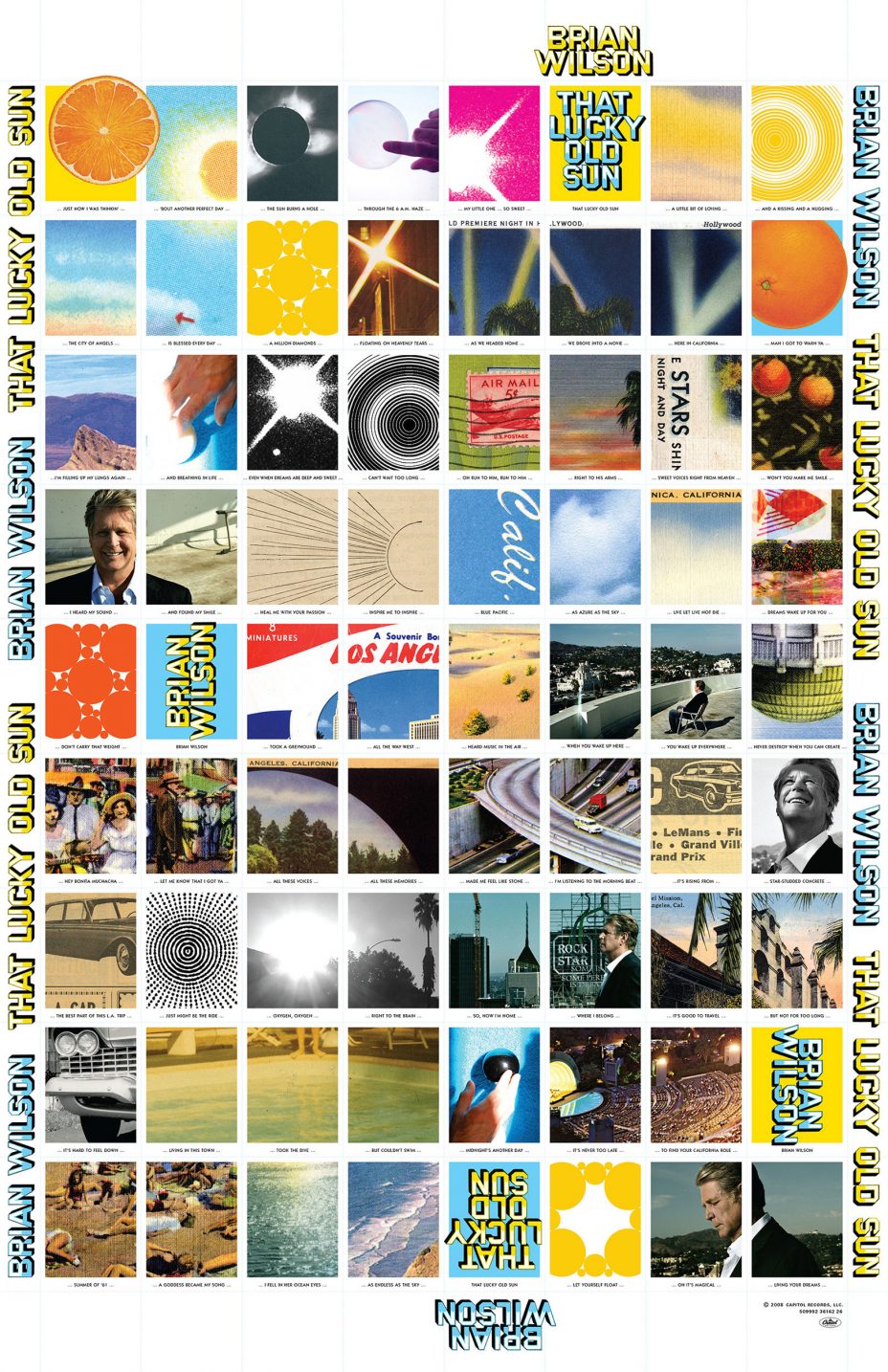 Stamp design by Martin Venezky for Brian Wilson’s CD package "That Lucky Old Sun", I designed a special limited edition souvenir sheet featuring California and Wilson-specific imagery along with snippets from the lyrics to the songs.