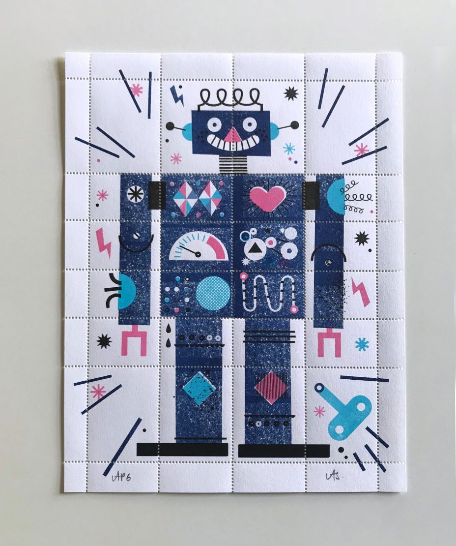 alyn smith risograph robot artist stamp full sheet