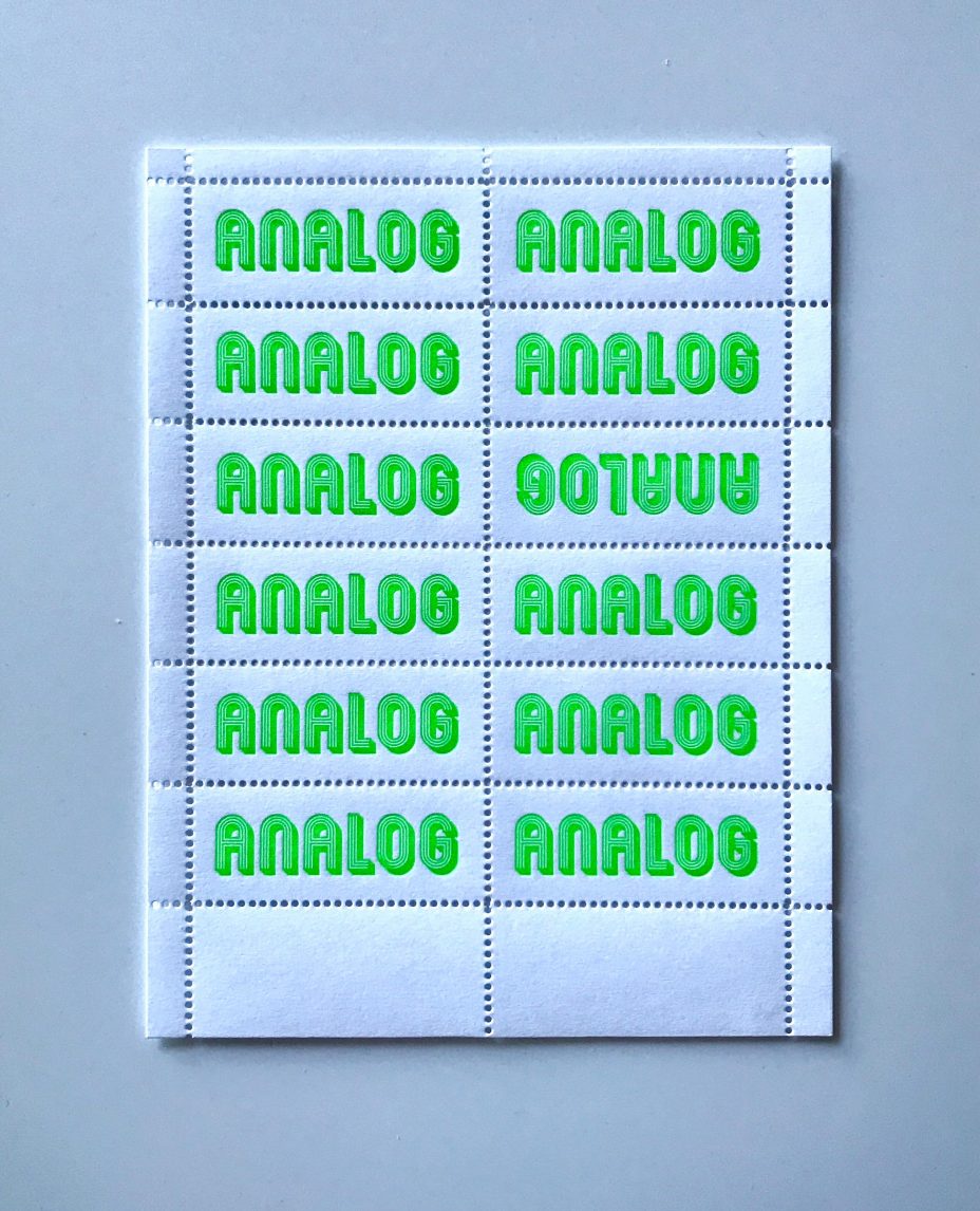 analog letterpress stamp dayglo green