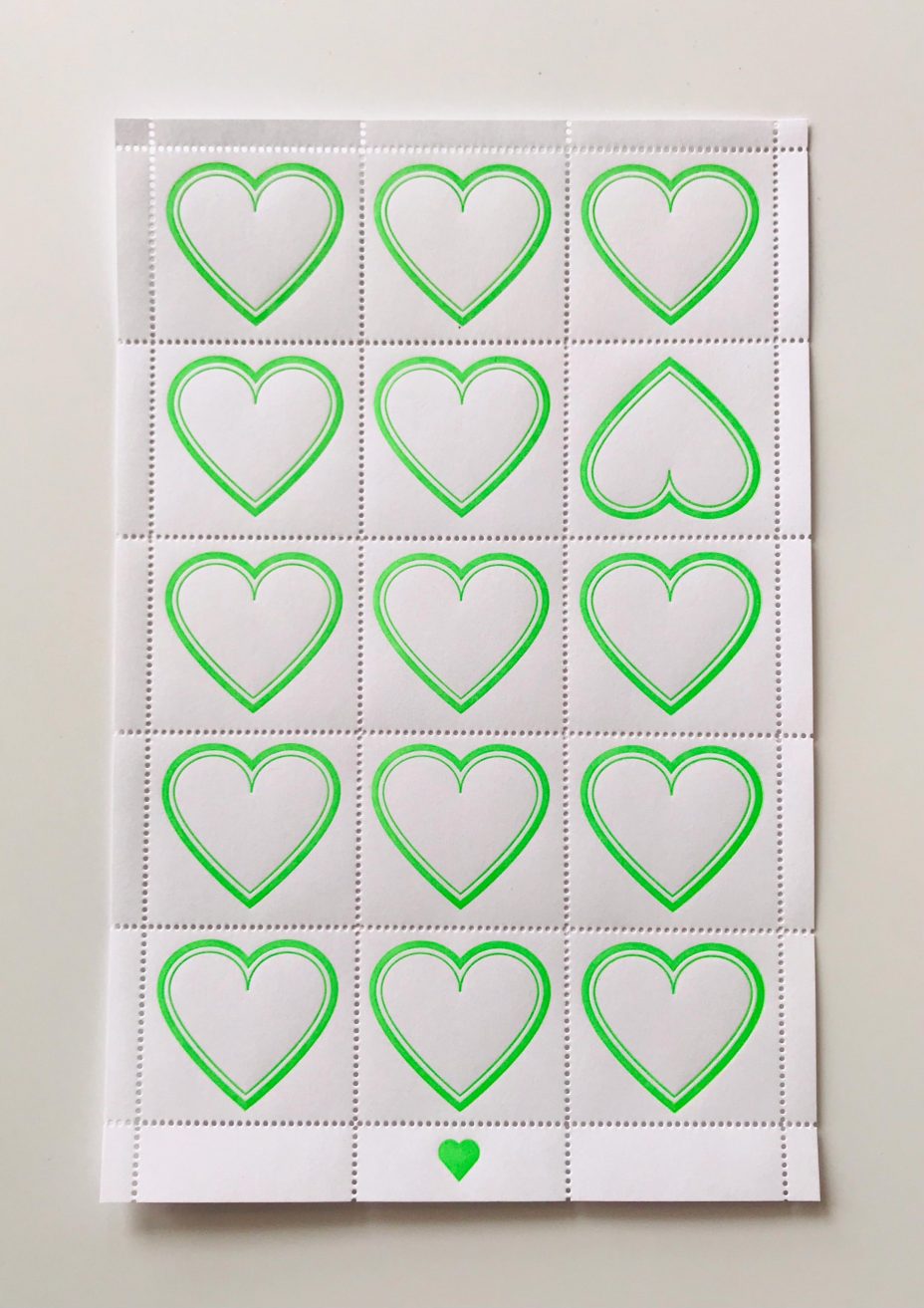 dayglo green letterpress heart stamps