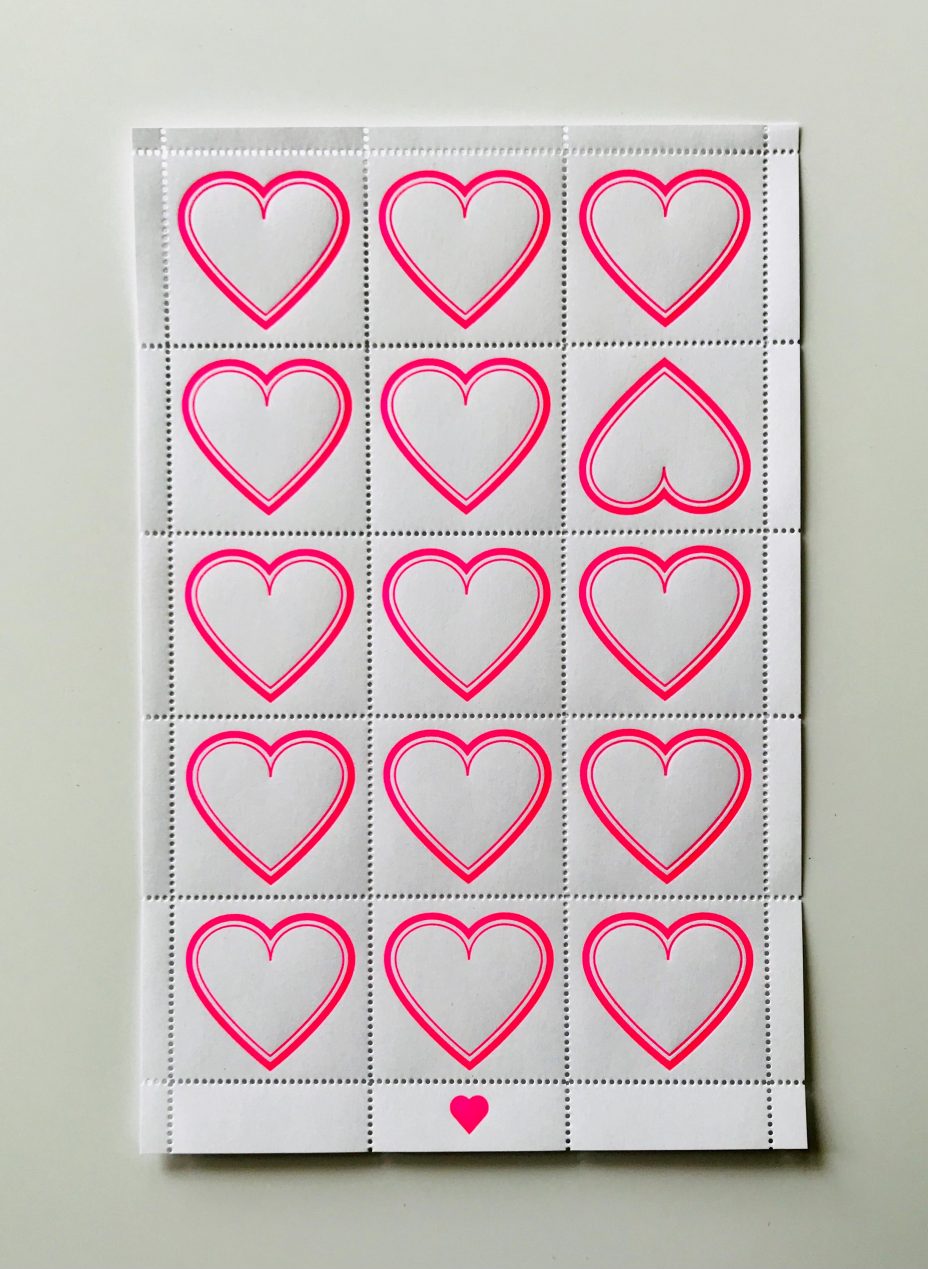 dayglo pink letterpress heart stamps
