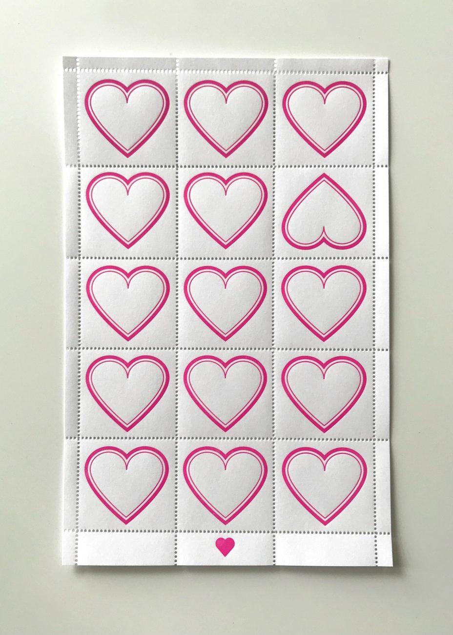 dayglo purple letterpress heart stamps