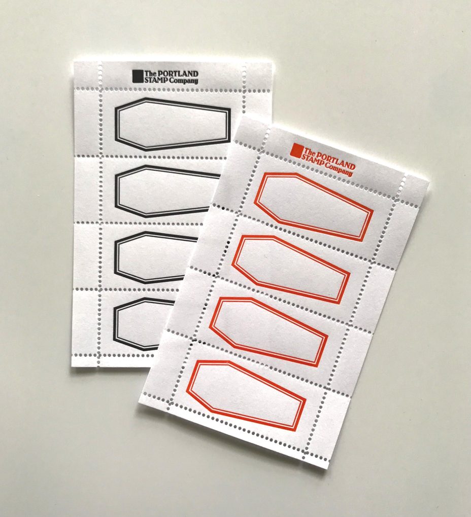 orange and black letterpress coffin stamps